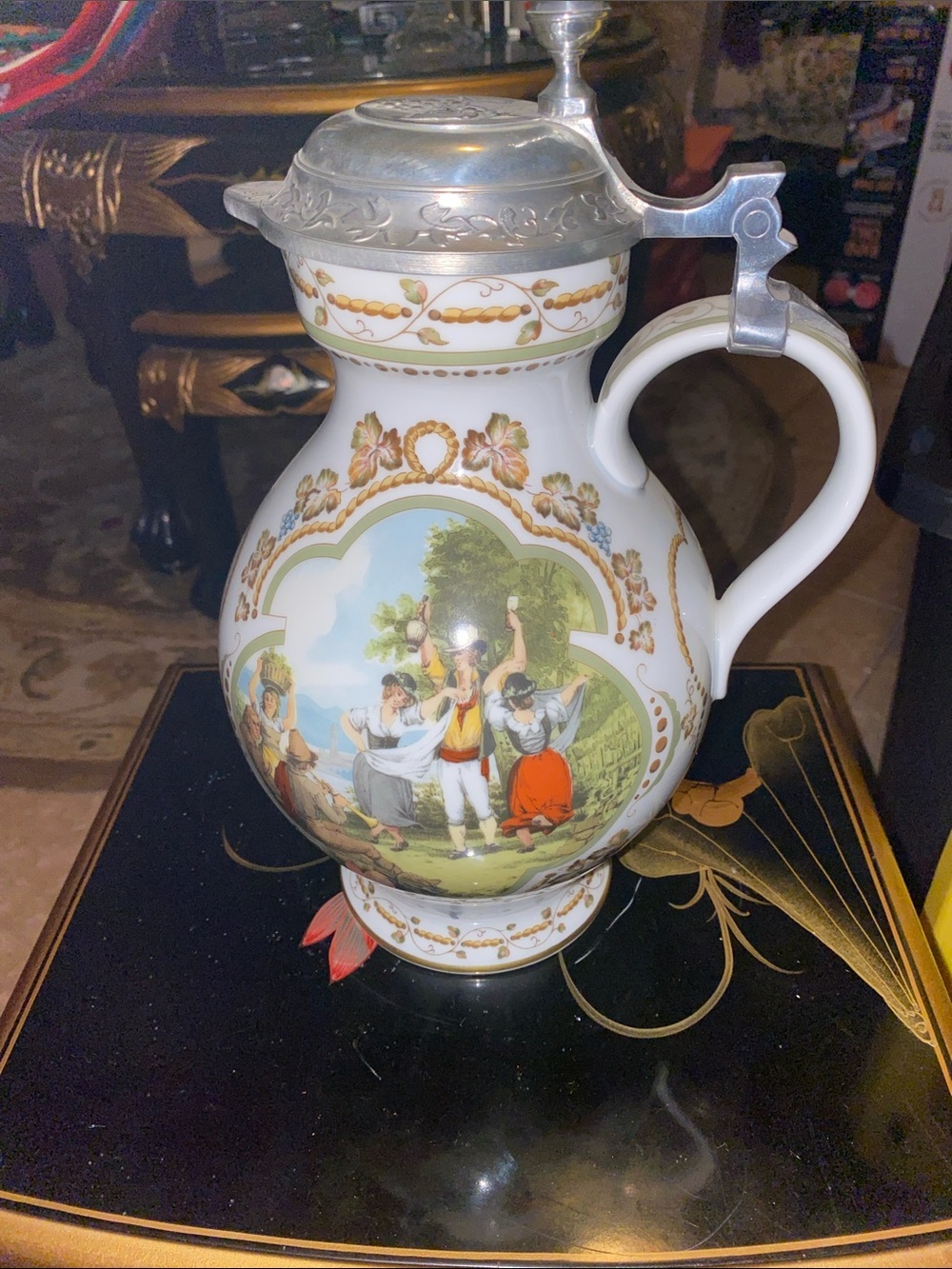 Franklin Mint 1984 German Porcelain Wine Stein Pitcher with Pewter Lid - Rare